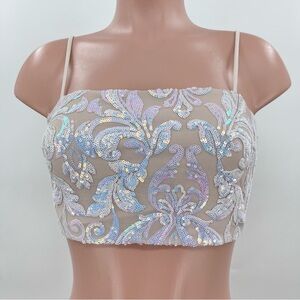 LOVESOME Iridescent Sequined Damask Baroque Bralette Cropped Top Size Medium